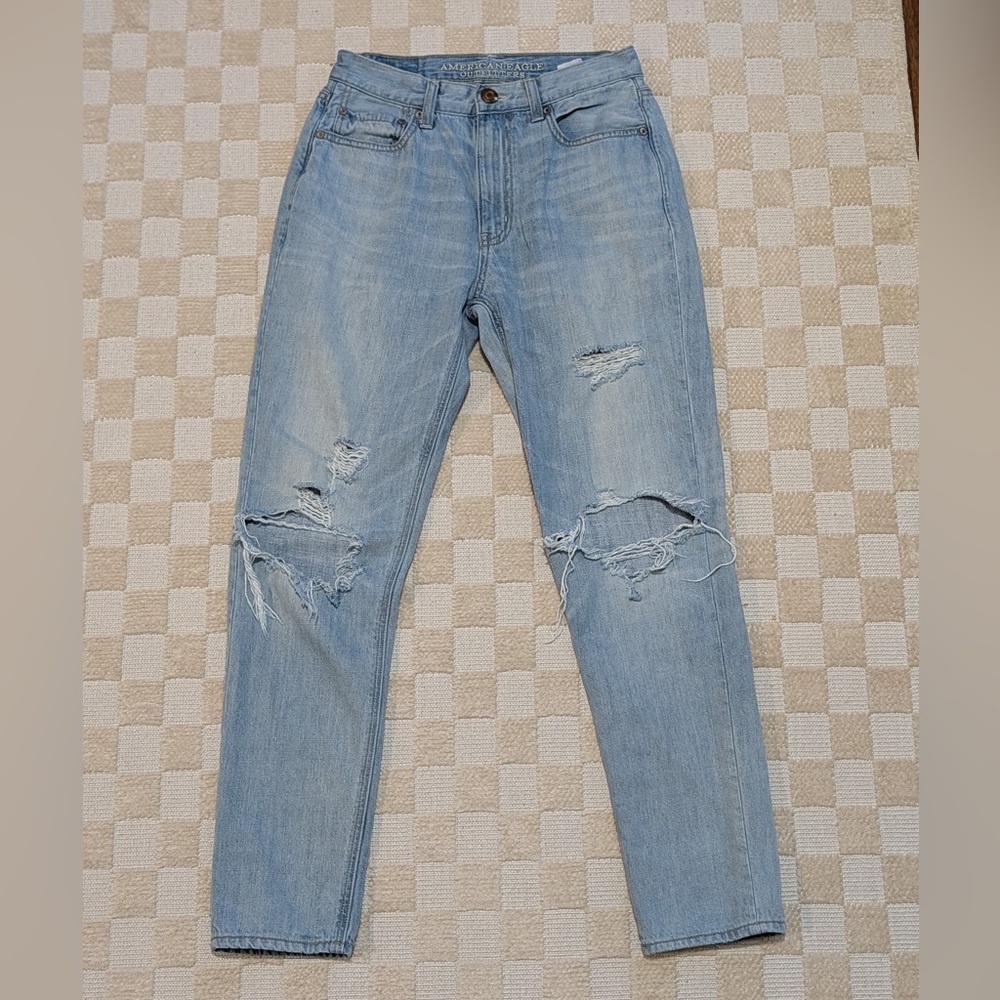 American Eagle Light Blue Distressed Straight Leg Vintage Hi Rise Jeans Size 4L
